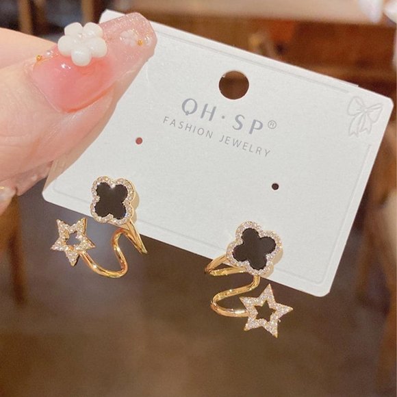 Copper Black Cubic Zirconia Flower Decor Earrings - Picture 3 of 5